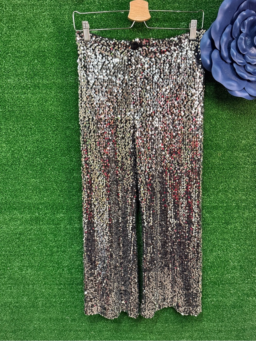 Maeve by Anthropologie Black Silver Sequin High Rise Wide-Leg Pants Size 28